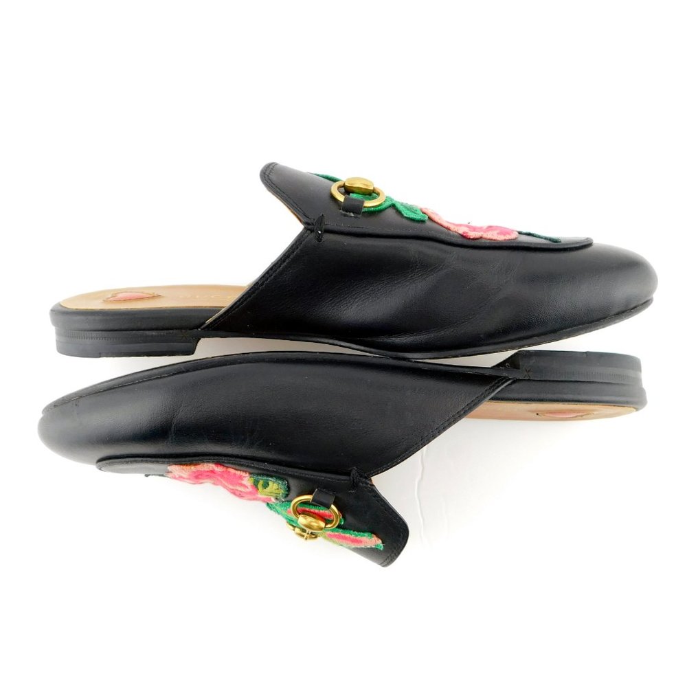 GUCCI Horse Bit Rose Floral Black Leather Slip-on Loafer Mule Flats 37 - Picture 3 of 9
